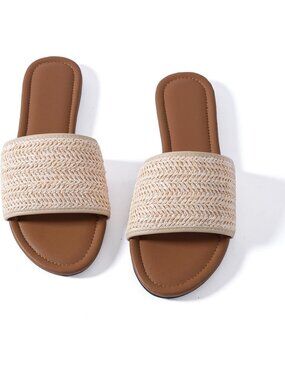 🆕Women's Khaki Flat Sandals Braided Leather Nude Summer Dressy Fashion